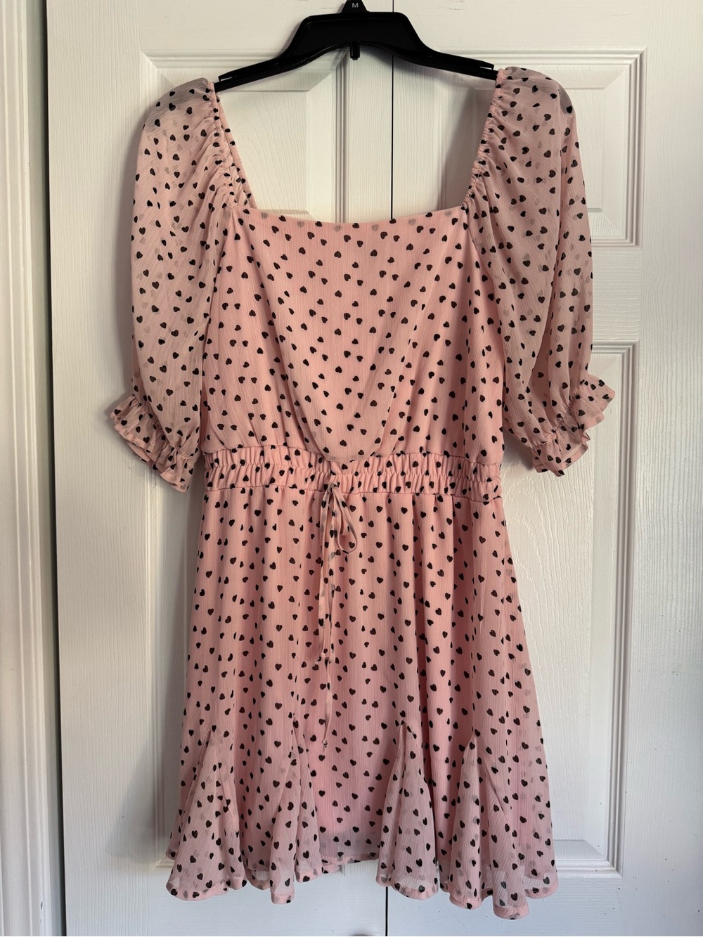 Trixxi Pink Puff-Sleeve Off the Shoulder Heart Print Dress